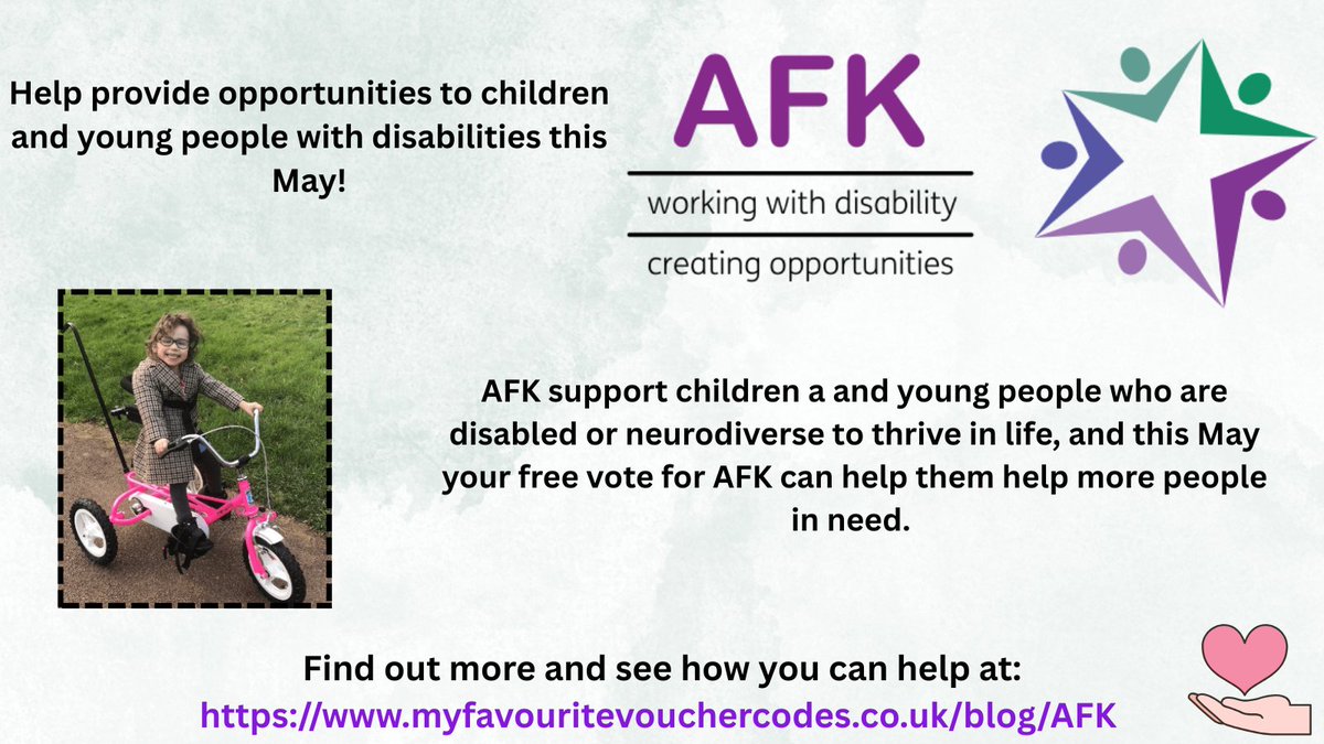 Learn all about the amazing
charity @afkcharity and see how you can help change
the lives of disabled children and young people. Learn
more at
myfavouritevouchercodes.co.uk/blog/AFK
and find out how your vote can make a difference 💜