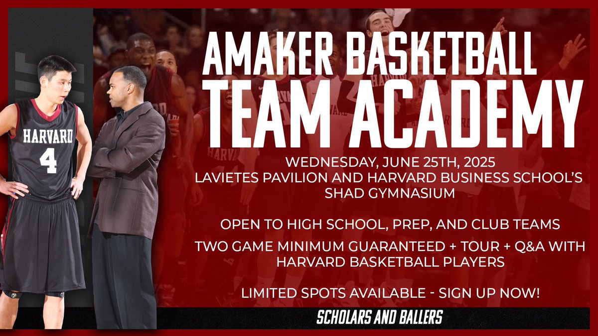 Harvard Menās Basketball (@harvardmbb) on Twitter photo Amaker Basketball Team Academy registration is live!
Teams looking for an opportunity to play against high-level competition, compete in front of college coaches, and gain insight into the world of being a āScholar and Ballerā should look no further.
š amakerbasketballacademy.net/Default.aspx?t⦠Amaker Basketball Team Academy registration is live!
Teams looking for an opportunity to play against high-level competition, compete in front of college coaches, and gain insight into the world of being a āScholar and Ballerā should look no further.
š amakerbasketballacademy.net/Default.aspx?tā¦