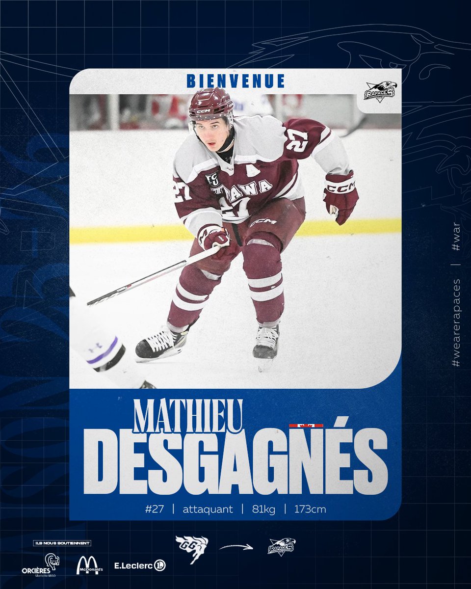 📣 L’attaquant canadien Mathieu Desgagnés rejoint les Rapaces de Gap ! 🦅
Assistant capitaine aux côtés d’Anthony Poulin la saison dernière à l’Université d’Ottawa, Mathieu a choisi Gap pour signer son premier contrat professionnel.