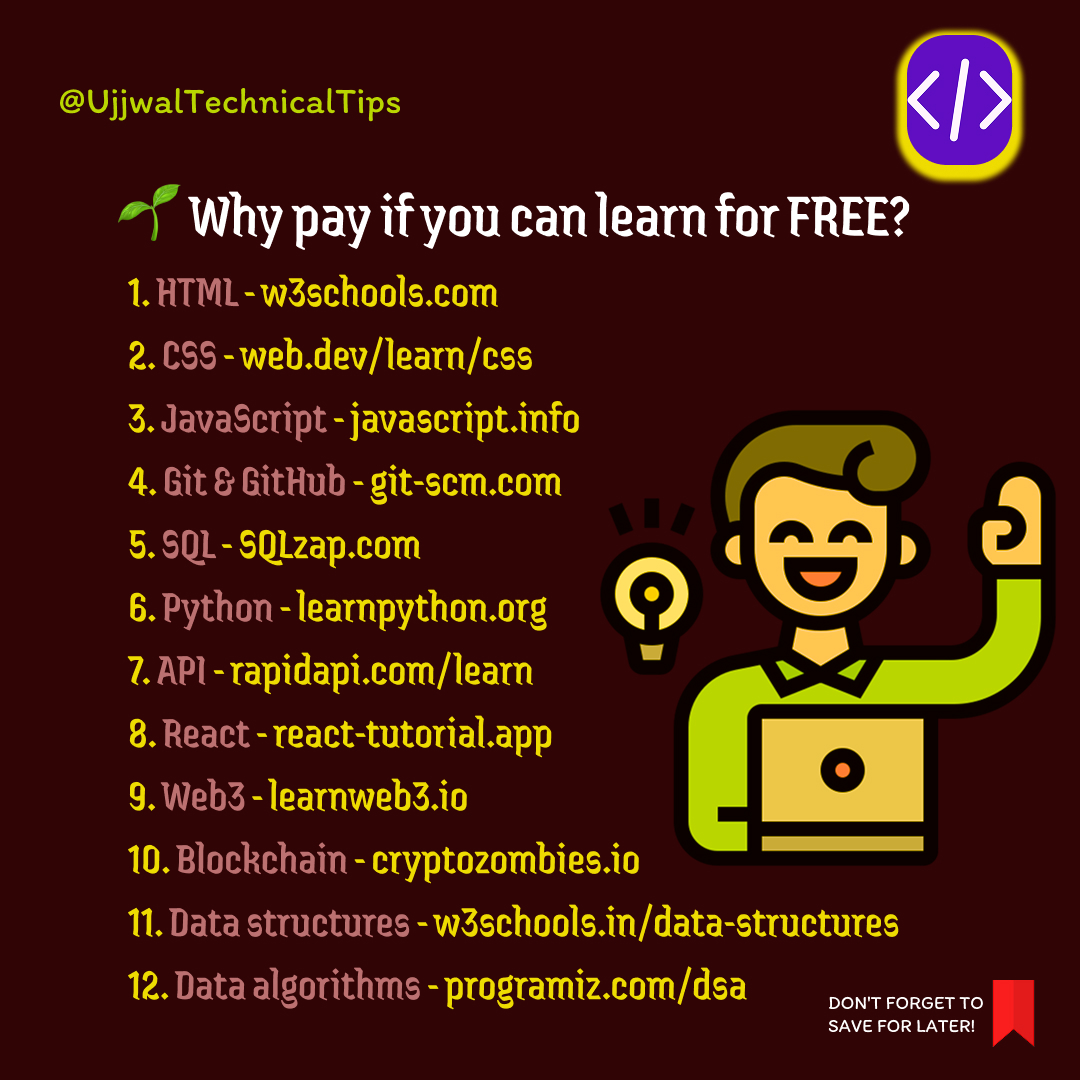 pushpendratips's tweet image. 🌱 Why pay if you can learn for FREE?
#WebDevTips #DevCommunity #WebAccessibility
#HTMLBasics #coder #coding