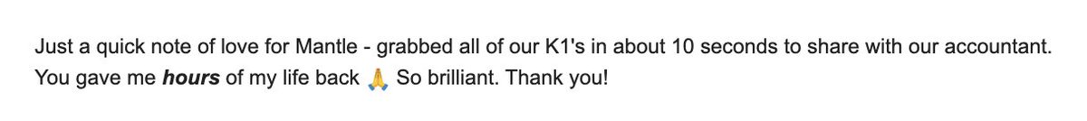 avarma's tweet image. This is what it’s all about.
One of our LP clients needed to round up all their K-1s.
With Mantle Portal, it took 10 seconds — not 10 emails or 10 hours.
This is why we build: to simplify the parts of private markets that shouldn’t be painful.
@withmantle
