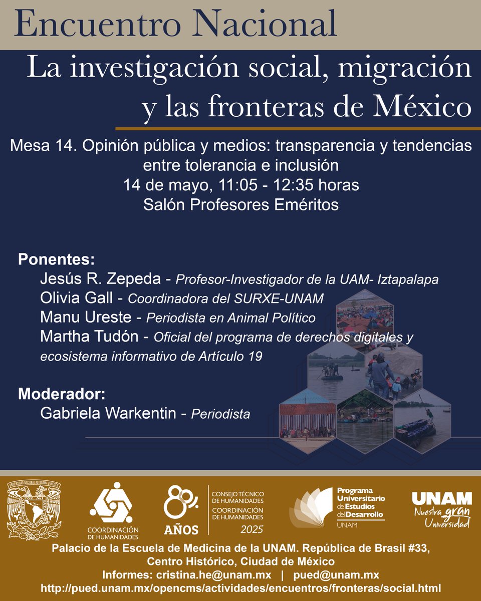 PUED-UNAM (@puedunam) on Twitter photo Sigue a <a href="/warkentin/">Gabriela Warkentin</a>, Jesús R. Zepeda de la <a href="/UAM_Iztapalapa/">UAM Iztapalapa</a>, Olivia Gall del <a href="/surxeunam/">Surxe UNAM</a>, <a href="/ManuVPC/">Manu Ureste</a> de <a href="/Pajaropolitico/">Animal Político</a> y <a href="/MarthaTdn/">Martha Tudón</a> de <a href="/article19mxca/">ARTICLE 19 México y Centroamérica</a> en la Mesa 14 de nuestro #EncuentroNacional.
📅14 de mayo
⏰11:05 h
📍<a href="/palaciomedicina/">Palacio de Medicina</a>
<a href="/ceiich_unam/">CEIICH-UNAM</a> Sigue a <a href="/warkentin/">Gabriela Warkentin</a>, Jesús R. Zepeda de la <a href="/UAM_Iztapalapa/">UAM Iztapalapa</a>, Olivia Gall del <a href="/surxeunam/">Surxe UNAM</a>, <a href="/ManuVPC/">Manu Ureste</a> de <a href="/Pajaropolitico/">Animal Político</a> y <a href="/MarthaTdn/">Martha Tudón</a> de <a href="/article19mxca/">ARTICLE 19 México y Centroamérica</a> en la Mesa 14 de nuestro #EncuentroNacional.
📅14 de mayo
⏰11:05 h
📍<a href="/palaciomedicina/">Palacio de Medicina</a>
<a href="/ceiich_unam/">CEIICH-UNAM</a>