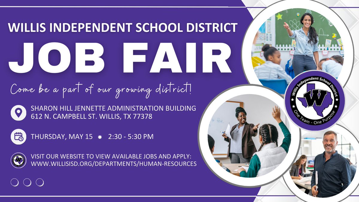 Willis ISD is growing, and we’re looking for passionate, student-focused individuals to join our team in roles ranging from classroom teachers to support staff. If you’re looking for a career where your work truly makes an impact, this is your chance. 🙋‍♀️