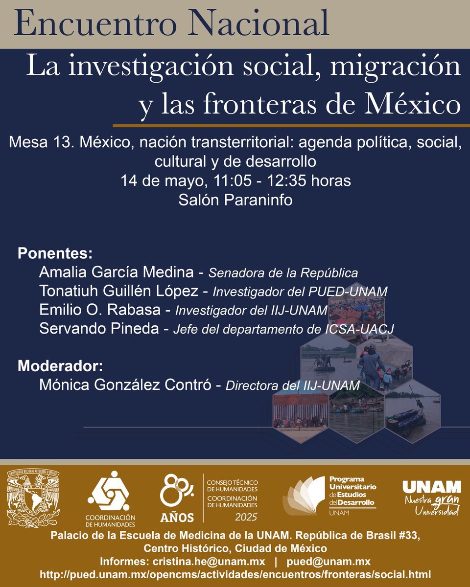 PUED-UNAM (@puedunam) on Twitter photo En la Mesa 13 de nuestro #EncuentroNacional participarán Mónica González del <a href="/IIJUNAM/">Instituto de Investigaciones Jurídicas, UNAM</a>, <a href="/amaliagarciamx/">Amalia García Medina</a> del <a href="/senadomexicano/">Senado de México</a>, Emilio Rabasa del <a href="/IIJUNAM/">Instituto de Investigaciones Jurídicas, UNAM</a> y Servando Pineda de <a href="/somosuacj/">UACJ</a> con una visión de México como nación transterritorial.
📅14 de mayo
⏰11:05 h
📍<a href="/palaciomedicina/">Palacio de Medicina</a> En la Mesa 13 de nuestro #EncuentroNacional participarán Mónica González del <a href="/IIJUNAM/">Instituto de Investigaciones Jurídicas, UNAM</a>, <a href="/amaliagarciamx/">Amalia García Medina</a> del <a href="/senadomexicano/">Senado de México</a>, Emilio Rabasa del <a href="/IIJUNAM/">Instituto de Investigaciones Jurídicas, UNAM</a> y Servando Pineda de <a href="/somosuacj/">UACJ</a> con una visión de México como nación transterritorial.
📅14 de mayo
⏰11:05 h
📍<a href="/palaciomedicina/">Palacio de Medicina</a>