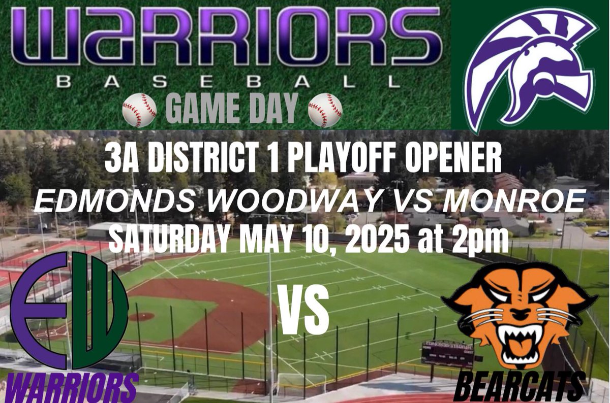 Come out and support your Warriors as they start the District 1 playoffs tomorrow vs Monroe! The game is at “Fred Shull Field” @ Edmonds Woodway tomorrow, Saturday, May 10th, 2025 at 2pm. Help your Warriors out versus the Bearcats!