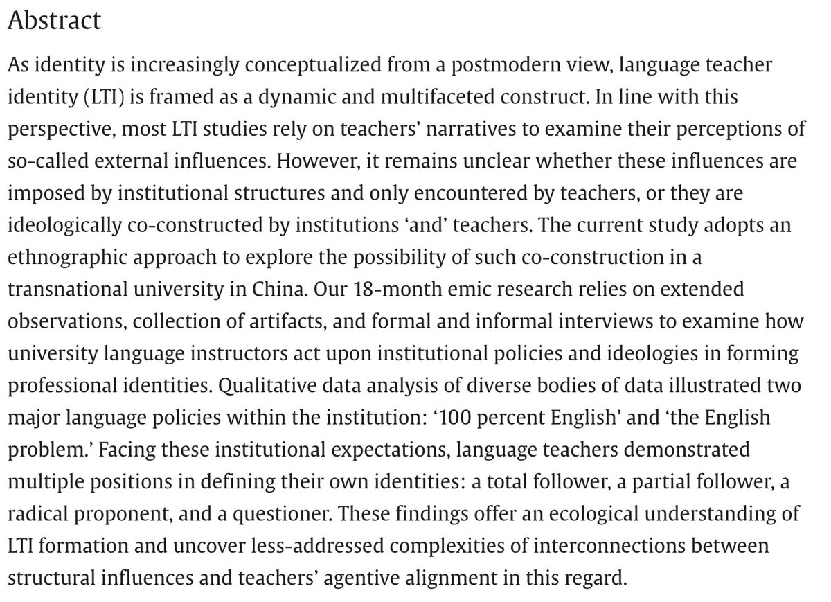 Mian Hu 胡勉 (@mianhututu) on Twitter photo Happy to share our latest article on language policy and teacher identity entanglements, just published in System. <a href="/MirhosseiniSA/">Seyyed-Abdolhamid Mirhosseini</a>
The article is open access and available here: sciencedirect.com/science/articl… Happy to share our latest article on language policy and teacher identity entanglements, just published in System. <a href="/MirhosseiniSA/">Seyyed-Abdolhamid Mirhosseini</a>
The article is open access and available here: sciencedirect.com/science/articl…