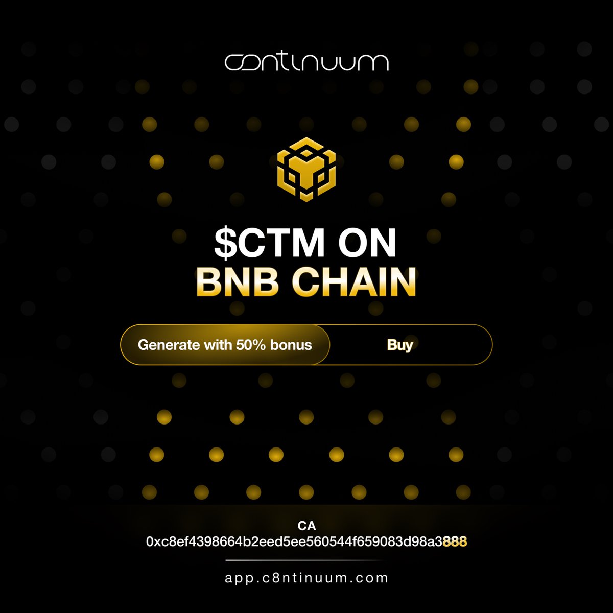 continuum (@c8ntinuum) on Twitter photo Join team yellow on #BNBChain and get $CTM on <a href="/PancakeSwap/">PancakeSwap</a>
CA: 0xc8ef4398664b2eed5ee560544f659083d98a3888
Or generate $CTM and unlock 50% bonus:
app.c8ntinuum.com Join team yellow on #BNBChain and get $CTM on <a href="/PancakeSwap/">PancakeSwap</a>
CA: 0xc8ef4398664b2eed5ee560544f659083d98a3888
Or generate $CTM and unlock 50% bonus:
app.c8ntinuum.com