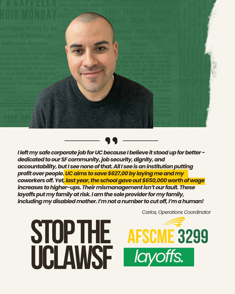 UC Law SF mismanagement is putting Carlos and his family at risk.  It's not fair and we must join together and FIGHT back and demand UC Law SF rescind layoffs NOW! 

Click the link to send UC Law SF an email demanding they rescind the layoffs now! bit.ly/44pL7yL