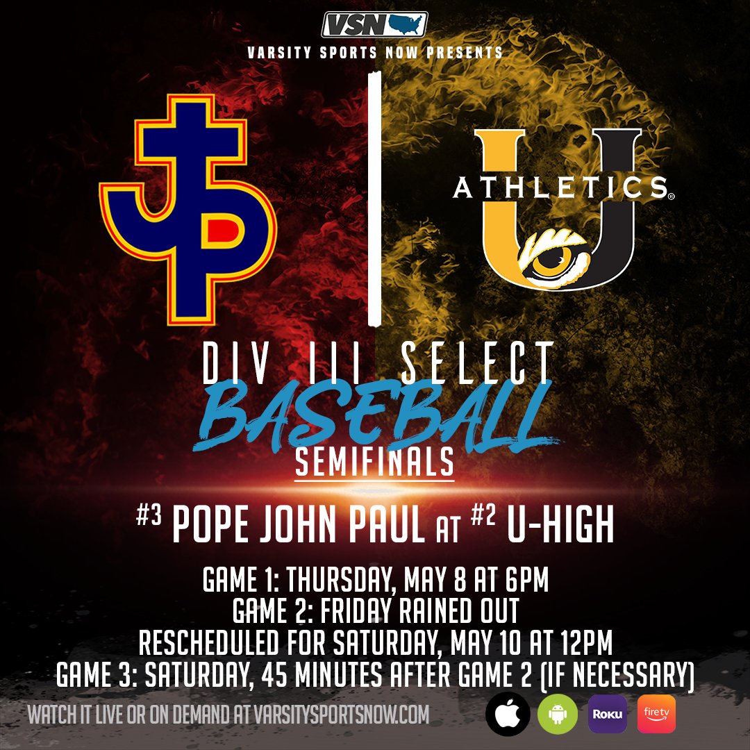 Weather taking out another one of VSN's Friday games.
U-High has announced a rainout today for Game 2 of their best-of-three semifinal round series with Pope John Paul II
Rescheduled for 12:00pm tomorrow with Game 3 if necessary to be played after the conclusion of Game 2
The