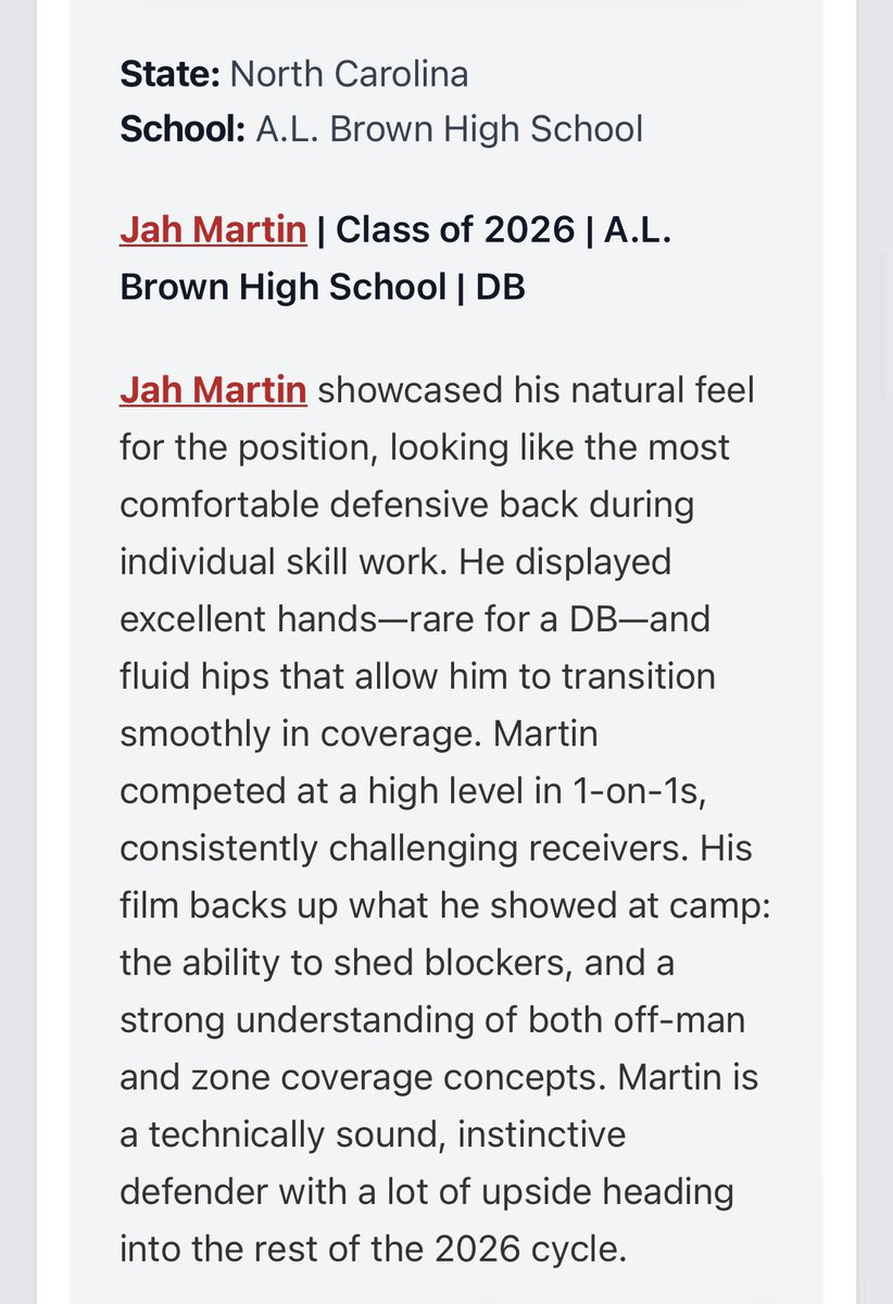 Jah Martin (@jahmartin22) on Twitter photo I attended <a href="/PrepRedzoneNC/">Prep Redzone North Carolina</a> combine over the weekend. Thank you for the opportunity and recognition, I had a great time this weekend! <a href="/CoachJHardin16/">Justin Hardin</a> <a href="/Coach_Blackk4/">Kaโseim Black</a> <a href="/ALBrownFootball/">A.L. Brown Football</a> I attended <a href="/PrepRedzoneNC/">Prep Redzone North Carolina</a> combine over the weekend. Thank you for the opportunity and recognition, I had a great time this weekend! <a href="/CoachJHardin16/">Justin Hardin</a> <a href="/Coach_Blackk4/">Kaโseim Black</a> <a href="/ALBrownFootball/">A.L. Brown Football</a>