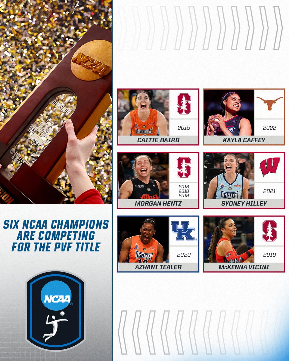 NCAA Women's Volleyball (@ncaavolleyball) on Twitter photo Six <a href="/NCAA/">NCAA</a> National Champions are competing this weekend in the <a href="/RealProVB/">Pro Volleyball Federation</a> Championship 🏆
Caitie Baird - <a href="/StanfordWVB/">Stanford Women's Volleyball</a>
Kayla Caffey - <a href="/TexasVolleyball/">Texas Volleyball</a>
Morgan Hentz - <a href="/StanfordWVB/">Stanford Women's Volleyball</a>
Sydney Hilley - <a href="/BadgerVB/">Wisconsin Volleyball</a>
Azhani Tealer - <a href="/KentuckyVB/">Kentucky Volleyball</a>
McKenna Vicini - <a href="/StanfordWVB/">Stanford Women's Volleyball</a>
#NCAAWVB Six <a href="/NCAA/">NCAA</a> National Champions are competing this weekend in the <a href="/RealProVB/">Pro Volleyball Federation</a> Championship 🏆
Caitie Baird - <a href="/StanfordWVB/">Stanford Women's Volleyball</a>
Kayla Caffey - <a href="/TexasVolleyball/">Texas Volleyball</a>
Morgan Hentz - <a href="/StanfordWVB/">Stanford Women's Volleyball</a>
Sydney Hilley - <a href="/BadgerVB/">Wisconsin Volleyball</a>
Azhani Tealer - <a href="/KentuckyVB/">Kentucky Volleyball</a>
McKenna Vicini - <a href="/StanfordWVB/">Stanford Women's Volleyball</a>
#NCAAWVB