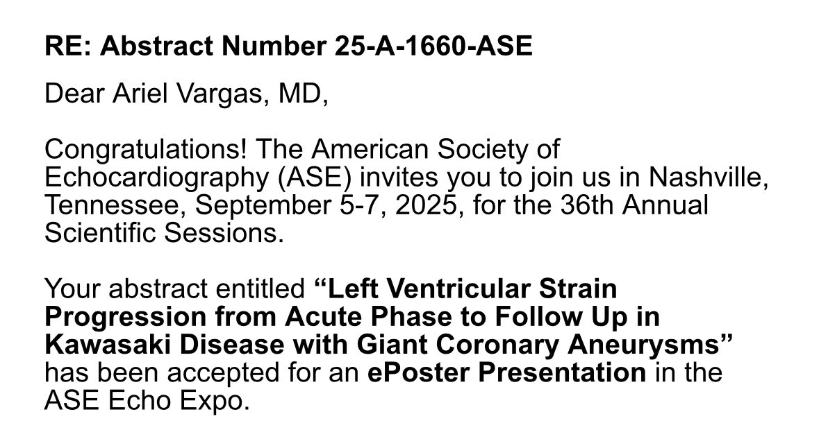 Excited to present our work in congenital and acquired heart disease at #ASE2025. 

📌RV pressure as a predictor of exercise performance in repaired TOF
📌LV longitudinal strain to monitor systolic function in KD with giant coronary artery aneurysms 

#PedsCardiology #Cardiology