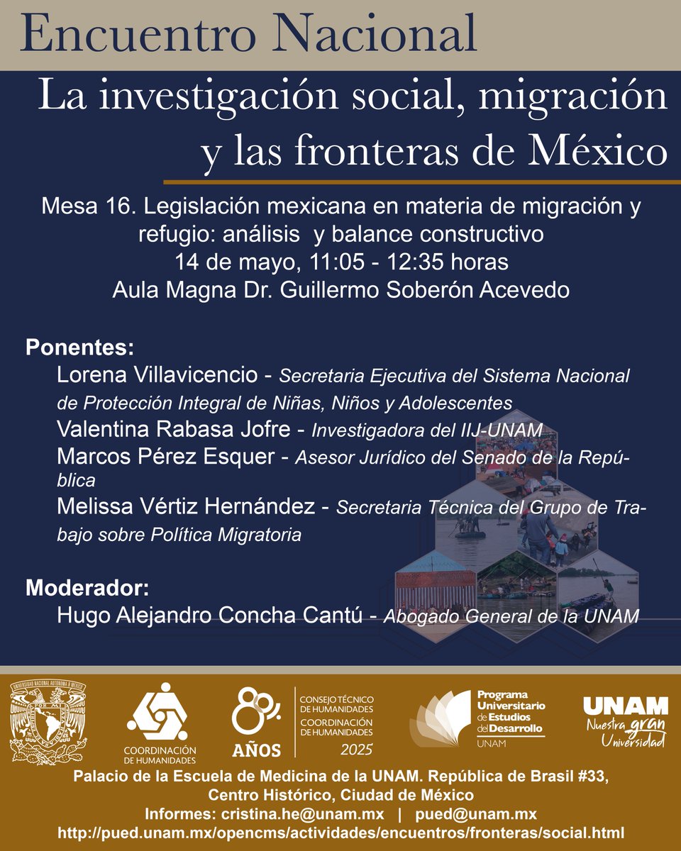PUED-UNAM (@puedunam) on Twitter photo Asiste a la Mesa 16 de nuestro #EncuentroNacional donde participarán <a href="/HugoAConcha/">Hugo A. Concha Cantú</a> (<a href="/DerechoUNAMmx/">Facultad de Derecho</a>), <a href="/SLVillavicencio/">Lorena Villavicencio</a> (<a href="/SIPINNA_MX/">Sipinna</a>), Valentina Rabasa (<a href="/IIJUNAM/">Instituto de Investigaciones Jurídicas, UNAM</a>), <a href="/PerezEsquer/">Marcos Pérez Esquer</a> (<a href="/senadomexicano/">Senado de México</a>) y <a href="/MelissaVertiz/">Melissa Vértiz</a> (<a href="/GTPM_MX/">Grupo de Trabajo sobre Política Migratoria</a>).
📅14 de mayo
⏰11:05 h
📍<a href="/palaciomedicina/">Palacio de Medicina</a> Asiste a la Mesa 16 de nuestro #EncuentroNacional donde participarán <a href="/HugoAConcha/">Hugo A. Concha Cantú</a> (<a href="/DerechoUNAMmx/">Facultad de Derecho</a>), <a href="/SLVillavicencio/">Lorena Villavicencio</a> (<a href="/SIPINNA_MX/">Sipinna</a>), Valentina Rabasa (<a href="/IIJUNAM/">Instituto de Investigaciones Jurídicas, UNAM</a>), <a href="/PerezEsquer/">Marcos Pérez Esquer</a> (<a href="/senadomexicano/">Senado de México</a>) y <a href="/MelissaVertiz/">Melissa Vértiz</a> (<a href="/GTPM_MX/">Grupo de Trabajo sobre Política Migratoria</a>).
📅14 de mayo
⏰11:05 h
📍<a href="/palaciomedicina/">Palacio de Medicina</a>