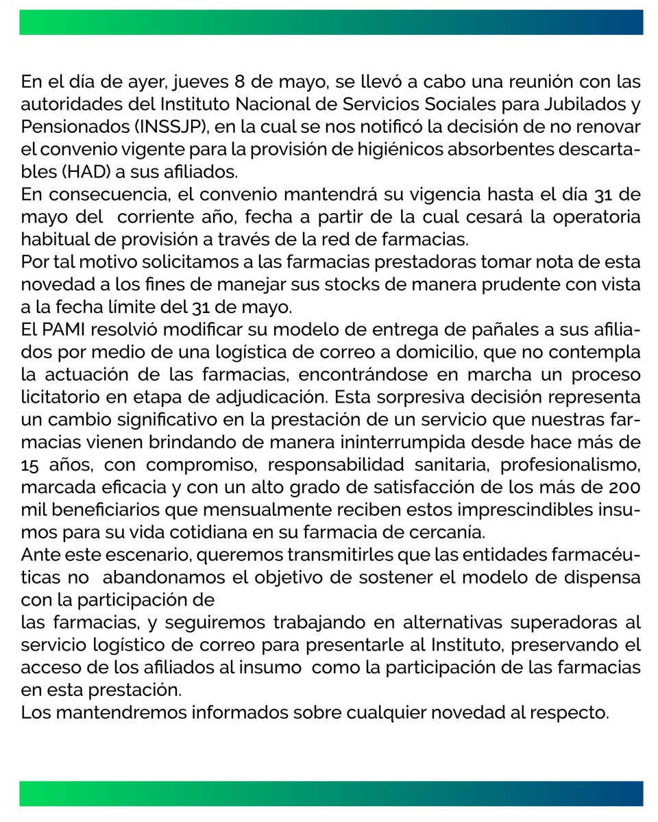 🚨 Solicitamos a las farmacias prestadoras de PAMI tomar nota de la rescisión del convenio PAÑALES a
fin de manejar sus stocks.
Leé aquí el comunicado de las entidades farmacéuticas