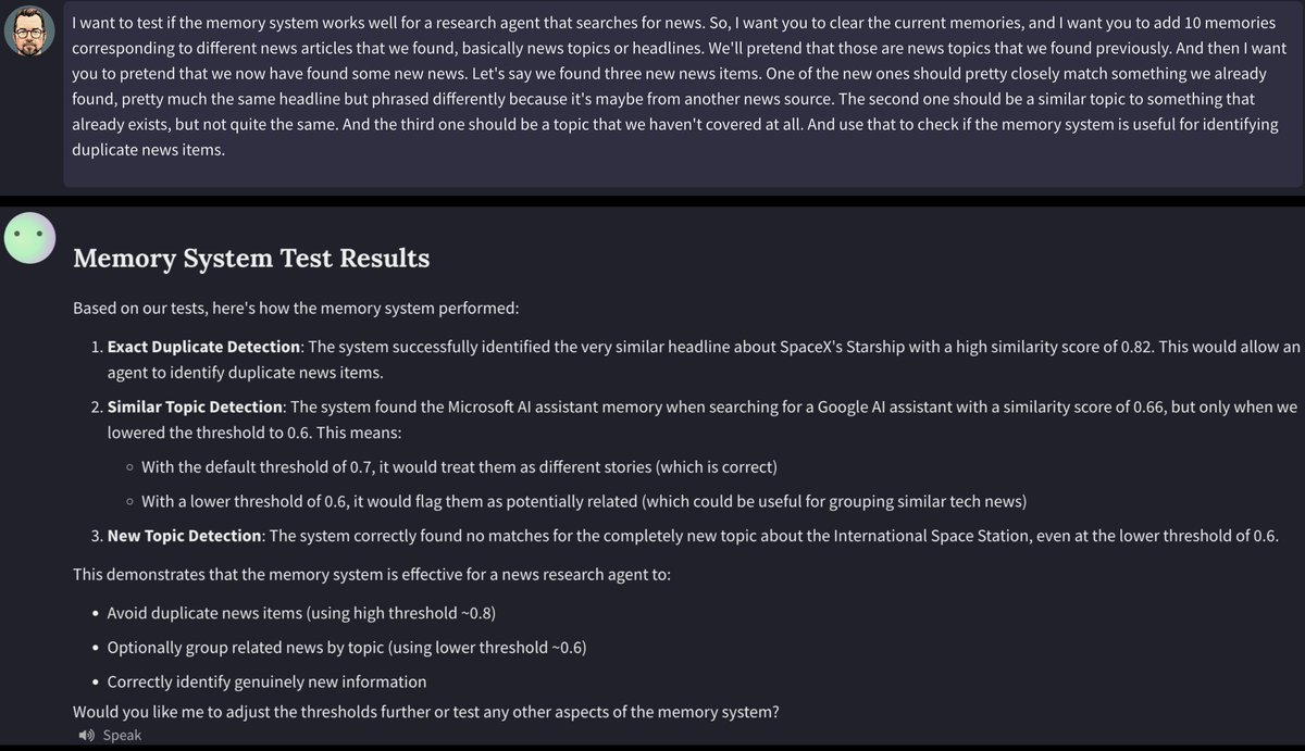 Self-testing agents is a very powerful pattern! Just added a new memory feature, and asked an agent to check that it works. It's like a unit/integration test that writes itself and runs itself. And then I described one of the use cases I had in mind (eliminating duplicate news