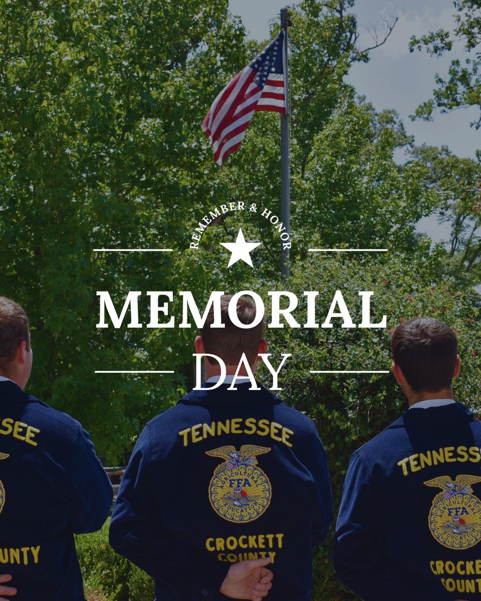 TNFFAFoundation's tweet image. This Memorial Day, we honor the heroes
who gave their lives for our freedom. Because of their
sacrifice, we are able to live, work, and grow — in our
communities, in our fields, and in our future.

The Tennessee FFA Foundation remembers and gives
thanks. 💙