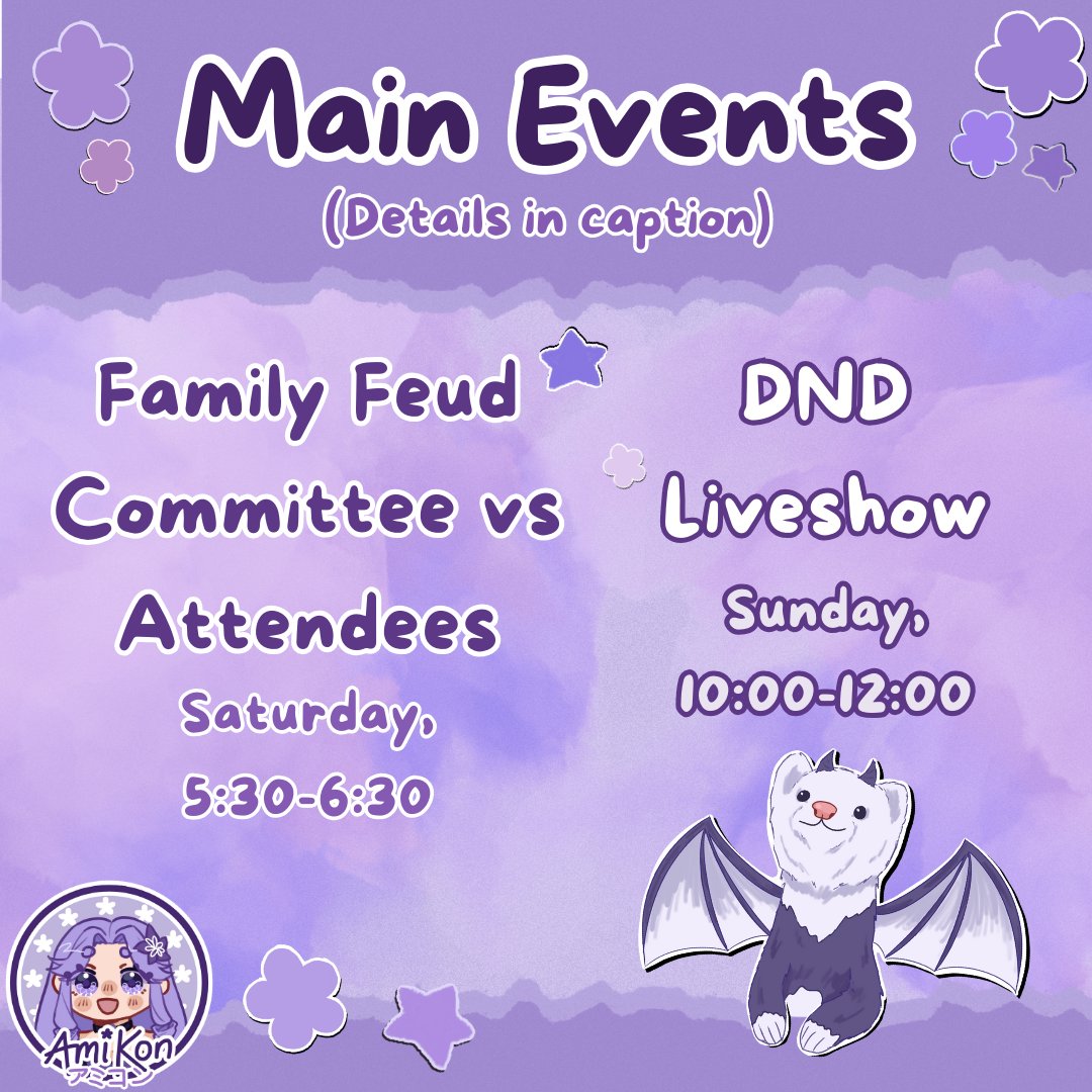 We have some exciting news about this years main events at Amikon!
On Saturday come watch as the committee takes part in family feud against attendees, from 5:30 until 6:30!
Or come join us for some Live DND on the Sunday, between 10:00 and 12:00!
Cant wait to see you all there!