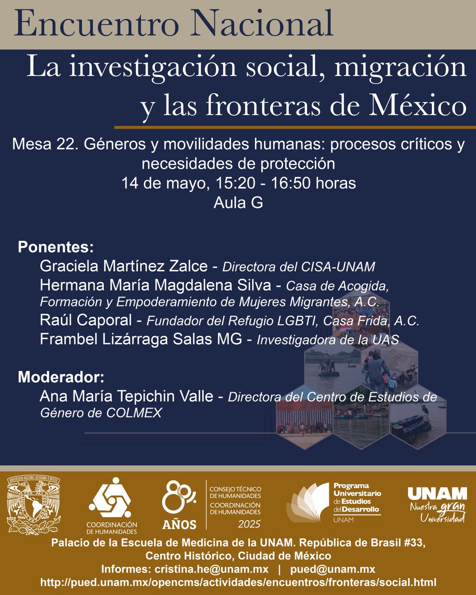 PUED-UNAM (@puedunam) on Twitter photo Ana Tepichin (<a href="/CEGColmex/">CEG Colmex</a>), Graciela Martínez (<a href="/cisanunam/">CISAN UNAM</a>), Hermana María M. Silva, <a href="/RaulCaporalM/">Raúl Caporal🏳️🌈</a> (@casafridalgbt) y Frambel Lizárraga (<a href="/uasoficialmx/">UAS Oficial</a>) hablarán sobre Géneros y movilidades humanas en la Mesa 22 de nuestro #EncuentroNacional
📅14 de mayo
⏰15:20 h
📍<a href="/palaciomedicina/">Palacio de Medicina</a> Ana Tepichin (<a href="/CEGColmex/">CEG Colmex</a>), Graciela Martínez (<a href="/cisanunam/">CISAN UNAM</a>), Hermana María M. Silva, <a href="/RaulCaporalM/">Raúl Caporal🏳️🌈</a> (@casafridalgbt) y Frambel Lizárraga (<a href="/uasoficialmx/">UAS Oficial</a>) hablarán sobre Géneros y movilidades humanas en la Mesa 22 de nuestro #EncuentroNacional
📅14 de mayo
⏰15:20 h
📍<a href="/palaciomedicina/">Palacio de Medicina</a>