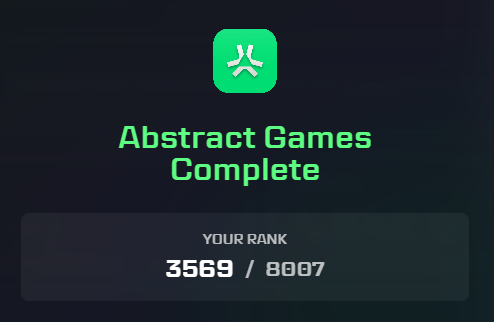 ABS Games 后记 
看到结果稍微有点小难受🥲 🥲本来前三天拿了个400名 还有机会冲冲看的 奈何最后一天运气太差 25次跑完最后还拿个0蛋 🥲 安慰自己重在参与了 (Death Race和Dev Rug并称为我最不擅长的两个游戏之首)
 Anyway, it's fun to play with Abs fam!期待下次
 <a href="/AbstractChain/">Abstract</a> <a href="/AbstractChainCN/">Abstract中文</a>