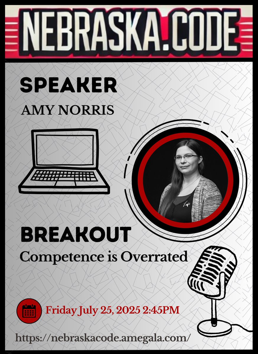 Amegala (@amegala) on Twitter photo Amy Norris presents 'Competence is Overrated' July 25th at Nebraska.Code().
nebraskacode.amegala.com
#SoftwareDevelopment #Competence #Skills #TechnologyConference <a href="/UnionPacific/">Union Pacific</a> <a href="/OmahaWIT/">Omaha Women in Tech</a> <a href="/CreightonBiz/">Creighton University Heider College of Business</a> <a href="/NDBusiness/">Mendoza College of Business</a> <a href="/SeeGrandIsland/">Visit Grand Island</a> <a href="/WITlistorg/">WITlist</a> <a href="/project18omaha/">Project 18</a> <a href="/SHRMNE/">HR Nebraska</a> <a href="/GETCities/">GETCities</a> Amy Norris presents 'Competence is Overrated' July 25th at Nebraska.Code().
nebraskacode.amegala.com
#SoftwareDevelopment #Competence #Skills #TechnologyConference <a href="/UnionPacific/">Union Pacific</a> <a href="/OmahaWIT/">Omaha Women in Tech</a> <a href="/CreightonBiz/">Creighton University Heider College of Business</a> <a href="/NDBusiness/">Mendoza College of Business</a> <a href="/SeeGrandIsland/">Visit Grand Island</a> <a href="/WITlistorg/">WITlist</a> <a href="/project18omaha/">Project 18</a> <a href="/SHRMNE/">HR Nebraska</a> <a href="/GETCities/">GETCities</a>