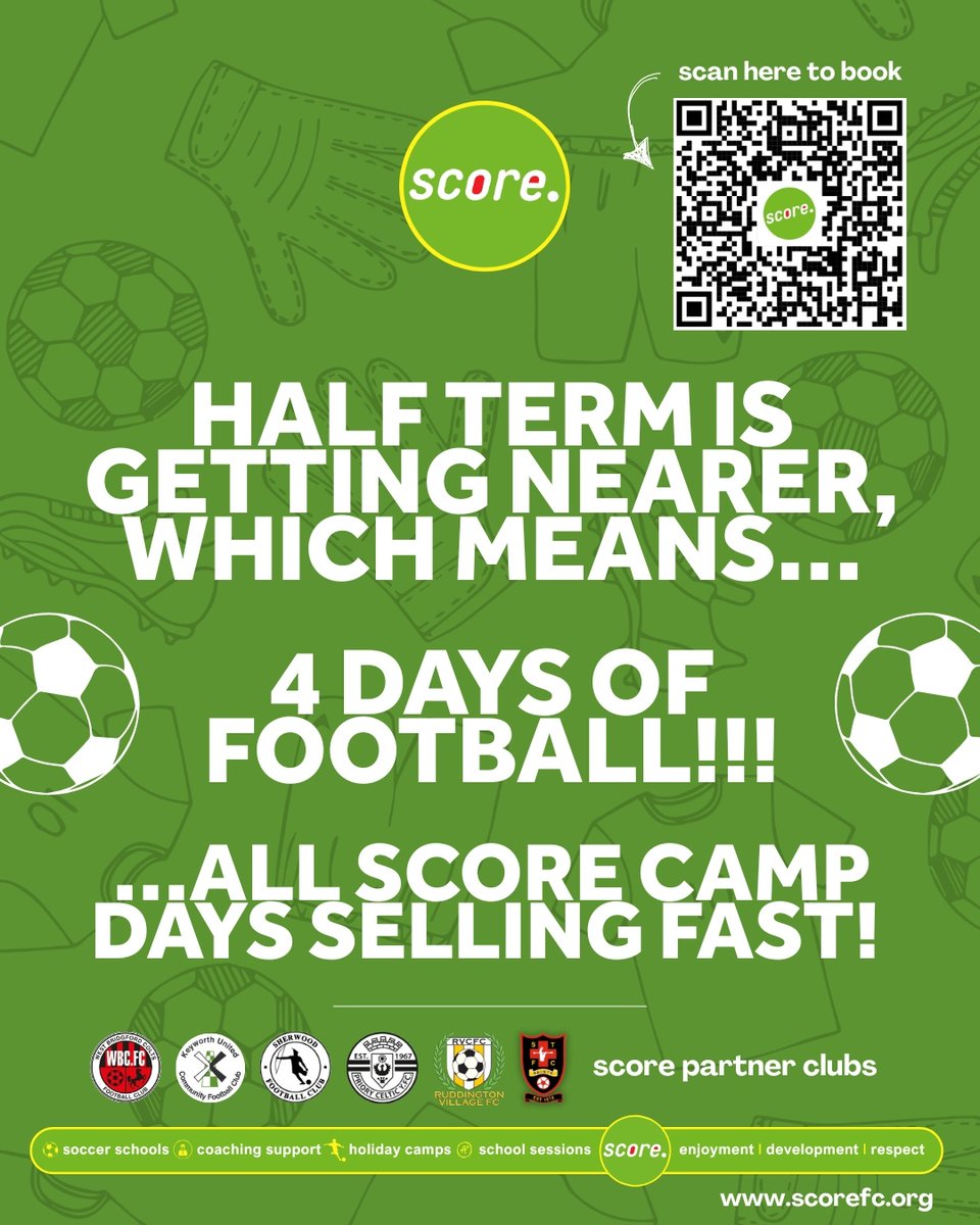 ⚽️ Score's Half Term Soccer Camps are getting closer!
⁠
To book, visit us at scorefc.org or use the QR code... ⁠
⁠
#wbcolts #keyworthcfc #sandiacre #ruddington