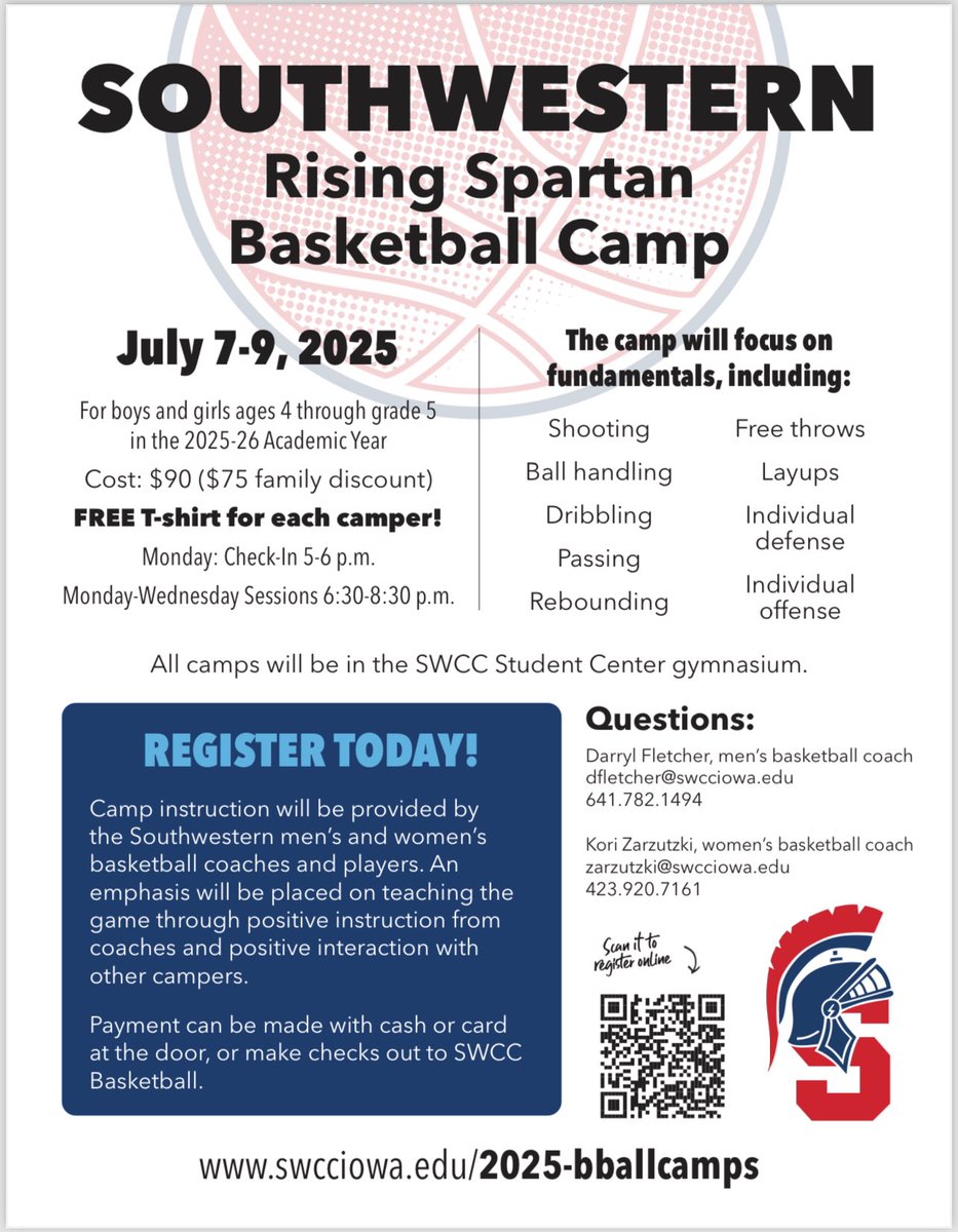 🏀SUMMER CAMPS🏀

📍 Spartan Gym, Creston
🔗 Info &amp; registration: buff.ly/lu10Yi6 

Girls Basketball Camp
-June 21, 9am-12pm
-Girls entering grades 6-10 

Rising Spartans Camp
-July 7-9, 6:30-8:30pm
-boys and girls age 4 through grade 5