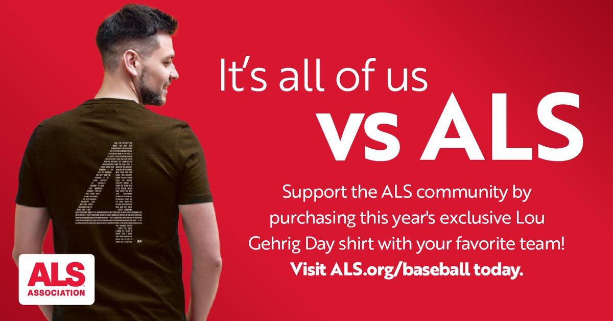 Show your team spirit and support the #ALS community by getting your hands on this year's exclusive Lou Gehrig Day shirt featuring your favorite team! Order NOW at als.org/baseball. ⚾💙 
#LouGehrigDay #StrikeOutALS