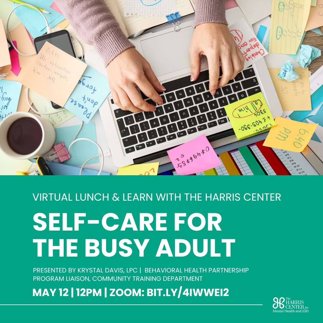 The Harris Center (@theharrisctr) on Twitter photo Join our Community Training Dept on Monday (5/12) at 12 PM for a virtual Lunch & Learn: Self-Care for the Busy Adult! 🧠🍽️
We’re proud to partner this month with <a href="/hcpct1/">Office of Harris County Commissioner Rodney Ellis</a> and <a href="/HarrisCoPct2/">Harris County Precinct 2</a> in honor of Mental Health Awareness Month 💚
🔗Zoom link: bit.ly/4iWweI2 Join our Community Training Dept on Monday (5/12) at 12 PM for a virtual Lunch & Learn: Self-Care for the Busy Adult! 🧠🍽️
We’re proud to partner this month with <a href="/hcpct1/">Office of Harris County Commissioner Rodney Ellis</a> and <a href="/HarrisCoPct2/">Harris County Precinct 2</a> in honor of Mental Health Awareness Month 💚
🔗Zoom link: bit.ly/4iWweI2