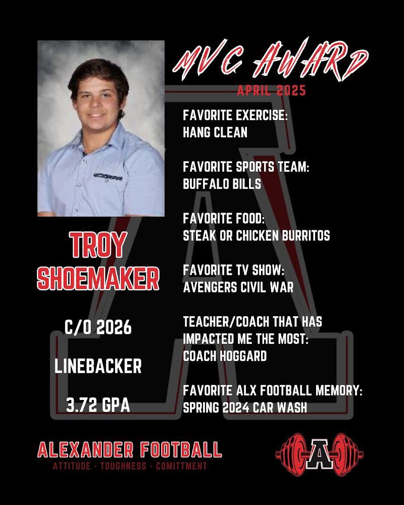 Congrats to our April “MVC” (Most Valuable Cougar) Award winners!

Alex (<a href="/Db23Mac/">Alexavier McDonald #23 C/O 2027</a>) &amp; Troy are both exemplary student-athletes that embody Attitude, Toughness, &amp; Commitment in the classroom, in the weight room, and on the field

#🅰️TC 

<a href="/AlexanderFball/">Alexander Football</a>