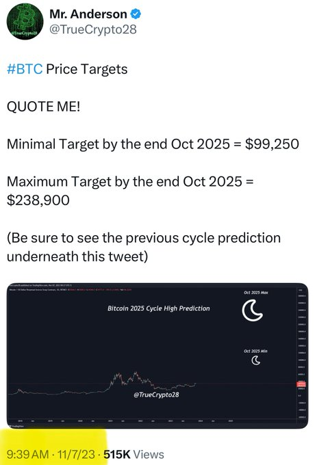 Truecrypto's tweet photo. Dec 2022, #BTC was at $16,000 and I made my "Wyckoff HTF Accumulation" video and stated we would run straight back to $69K  

Then, on November 7th, 2023, in December 2022, #BTC was at $16,000 when I created my "Wyckoff HTF Accumulation" video and stated we would run straight back to $69K.  

Then, on November 7th, 2023, #Bitcoin was at $34,000... I said, "Quote me!" again, The minimum target is $99,250, and the maximum target for this cycle is $238K.  

On December 19th, 2024, I mentioned to look for a top of some kind on January 20th, which we then established as the recent top on the exact day. 🤷‍♂️ 

On April 2nd, I remarked that crises bring opportunities, so be ready.   

On April 10th, I stated I believed the Bulls would look to hold the line that day, and they did.   

On April 11th, I noted that this finally looks like it has a chance (order) to make a real run again.   

April 25th gave us the daily "Go time signal," which indicates we are willing to buy dips that hold structure (and daily signals are expected to be late naturally).   

Both April 29th and May 4th qualified.  

Now, the Bulls want to hold 99.6K on this weekly close. Bulls eventually need a clean weekly scale on-close BoS (Break of Structure).  

Once we achieve that, we can dream of a nice 3-6 week advance into the new Blue Sky Breakout (price discovery).  

Once that occurs, and we see how far she is willing to go, we can use that data (along with the depth of the pullback that follows) to determine if she has the appetite for more!  

Station-to-station, as always