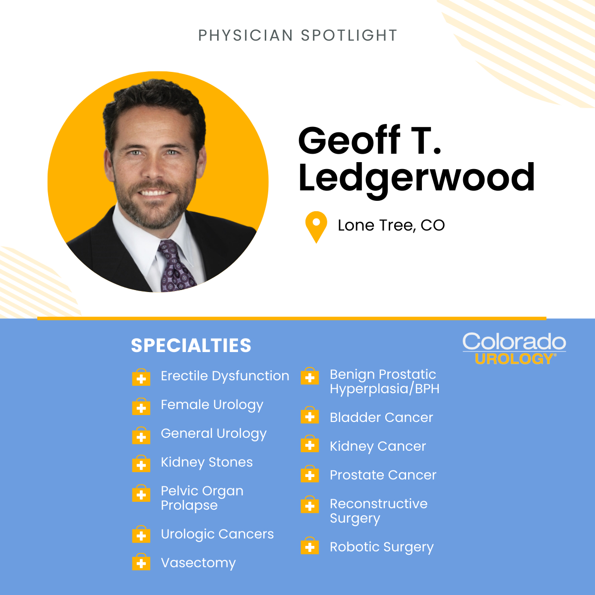For this week’s #PhysicianSpotlight, we are excited to introduce Dr. Geoff T. Ledgerwood!

Known for his patient-focused approach, Dr. Ledgerwood values strong patient relationships and accessibility. Dr. Ledgerwood is currently seeing patients at our Lone Tree office.