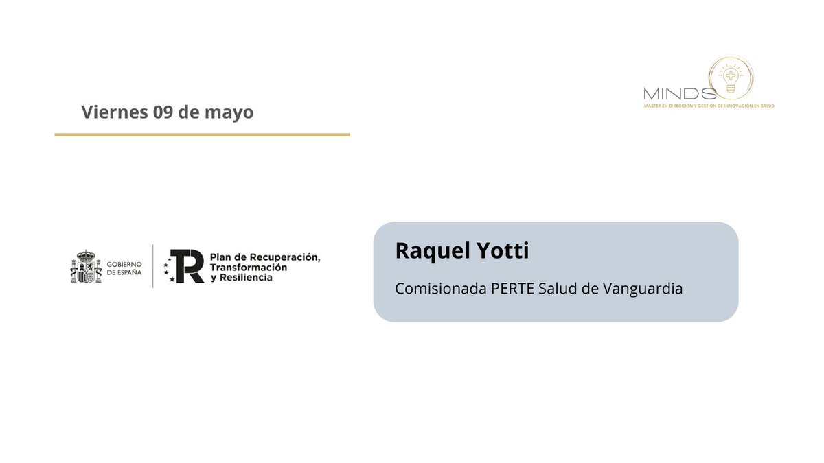 MINDS_Master (@minds_master_) on Twitter photo Para finalizar
🗣️ <a href="/RaquelYotti/">Raquel Yotti</a> , Comisionada del PERTE para la Salud de Vanguardia del <a href="/GobiernoDeEspan/">Gobierno de España</a> presenta las oportunidades de financiación de proyectos y procesos innovadores que brinda el Programa Estratégico para la Recuperación y Trasformación Económica (PERTE) Para finalizar
🗣️ <a href="/RaquelYotti/">Raquel Yotti</a> , Comisionada del PERTE para la Salud de Vanguardia del <a href="/GobiernoDeEspan/">Gobierno de España</a> presenta las oportunidades de financiación de proyectos y procesos innovadores que brinda el Programa Estratégico para la Recuperación y Trasformación Económica (PERTE)
