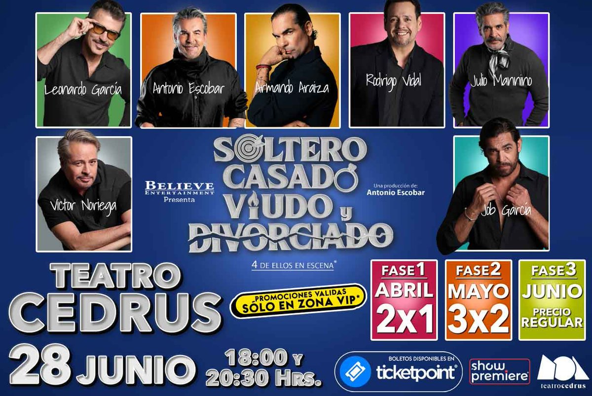 enfasisnoticias's tweet image. ¡Soltero, Casado, Viudo y Divorciado llega al Teatro Cedrus de Pachuca!

🗓 sábado 28 de junio
Dos funciones: 18:00 y 20:30 horas.
🎭Teatro Cedrus

boletos.ticketpoint.mx/entradas/es/co… 

#ShowPremiere