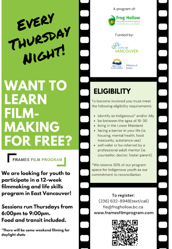 HSCPC (@hastingscpc) on Twitter photo Want to learn film making for free? <a href="/FrogHollowVan/">Frog Hollow</a>'s new cohort for their "Frames" program is starting soon!
See poster below for details! Want to learn film making for free? <a href="/FrogHollowVan/">Frog Hollow</a>'s new cohort for their "Frames" program is starting soon!
See poster below for details!