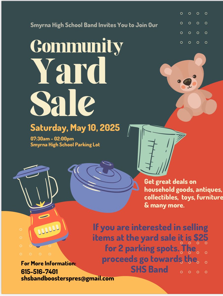 Smyrna High Band (@smyrnahighband) on Twitter photo Be sure to stop by the East parking lot this Saturday, May 10 for our yard sale from 7:30-2:00. <a href="/SmyrnaBulldog/">Smyrna Bulldog</a> #onlyoneshs Be sure to stop by the East parking lot this Saturday, May 10 for our yard sale from 7:30-2:00. <a href="/SmyrnaBulldog/">Smyrna Bulldog</a> #onlyoneshs