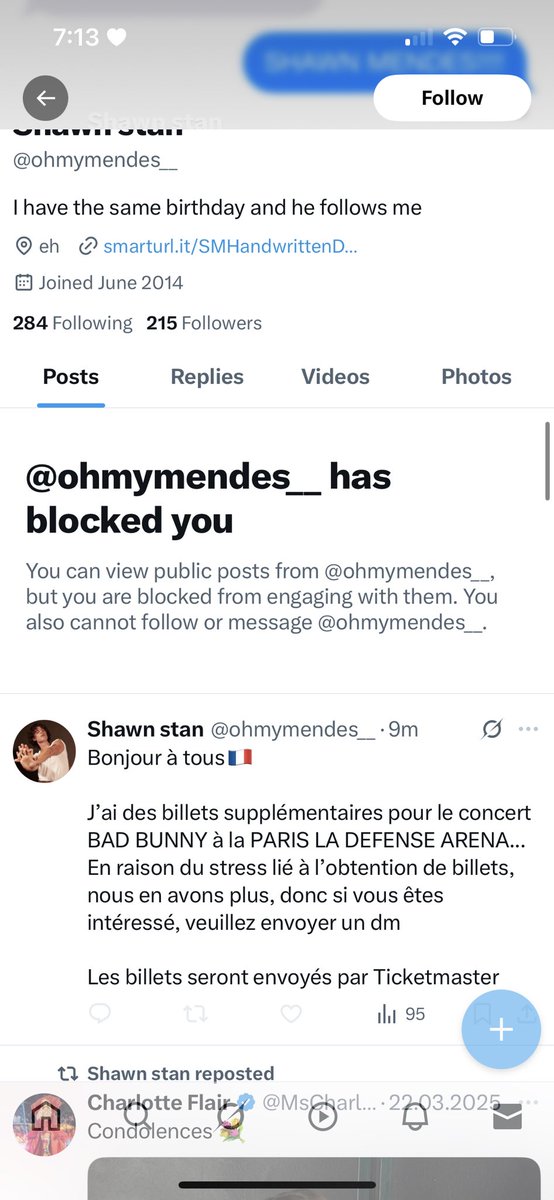y’all please report this person they’re scamming people with bad bunny tickets LITERALLY CRAZY BTW they’re like saying “i swear on my dead mother you’ll get the tickets” WHO SAYS THAT so pls pls report them <a href="/ohmymendes__/">Shawn stan</a> ❤️ b*itch