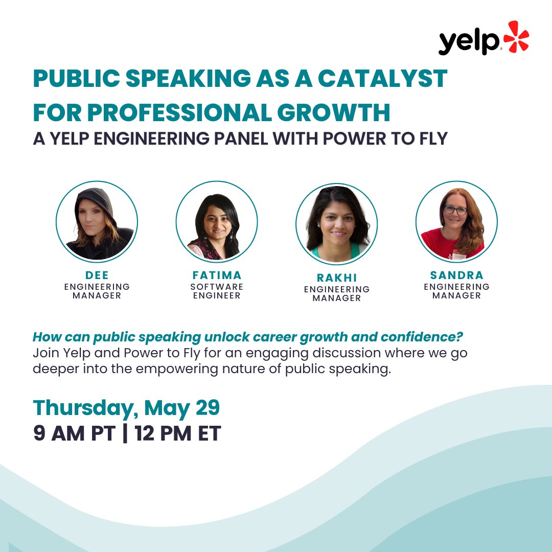 LifeAtYelp's tweet image. Join us on May 29 at 12 PM ET to hear from four women leaders at Yelp as they go deeper into the empowering nature of public speaking with @PowerToFly.
RSVP ➡️ bit.ly/4cRcapa #PowerToFly