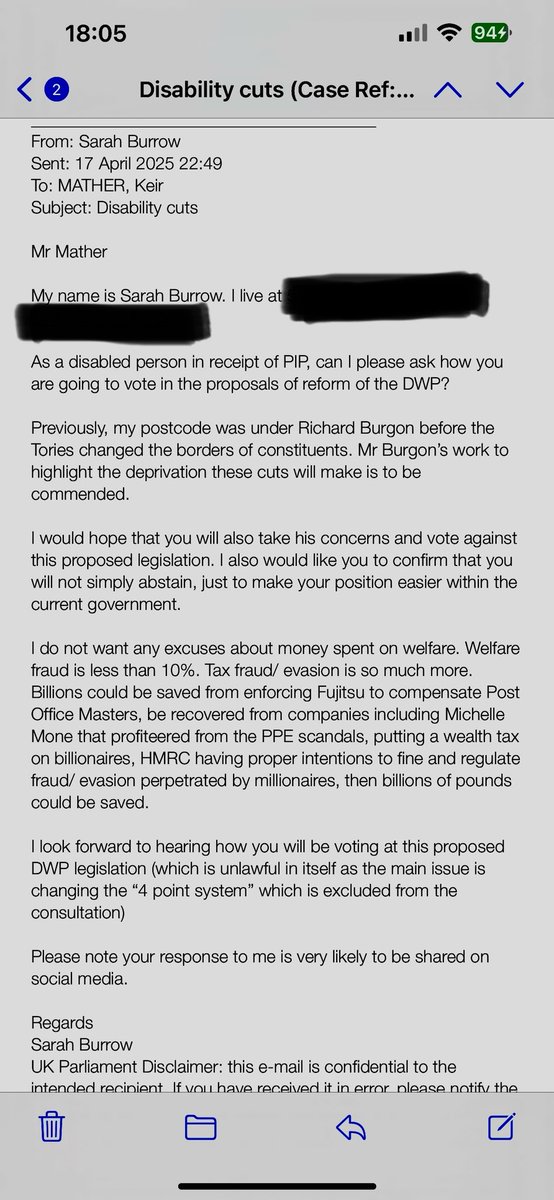 Sarah Burrow (@sarahlburrow) on Twitter photo <a href="/Shrink_at_Large/">Dr Jay Watts</a> I’ve emailed my new MP <a href="/Mather_Keir/">Keir Mather MP</a> but am yet to receive a response. I note his name is not amongst the 40+ MPs that have signed to dispute the proposed DWP cuts <a href="/Shrink_at_Large/">Dr Jay Watts</a> I’ve emailed my new MP <a href="/Mather_Keir/">Keir Mather MP</a> but am yet to receive a response. I note his name is not amongst the 40+ MPs that have signed to dispute the proposed DWP cuts