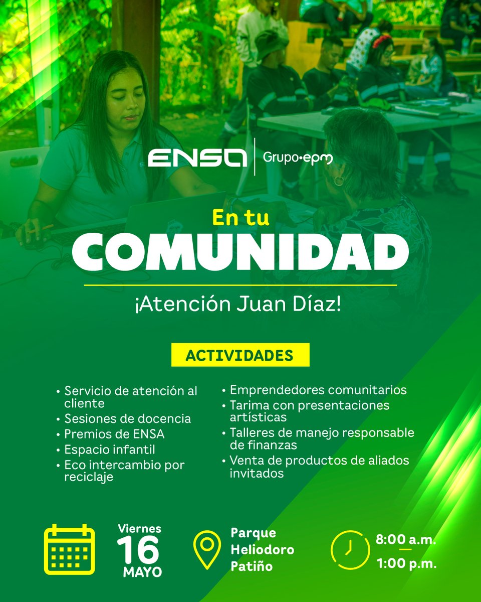 ¡Juan Díaz, estamos contigo! 🌿 Este 16 de mayo nos vemos en el Parque Heliodoro Patiño de 8:00 a.m. a 1:00 p.m. para compartir una jornada llena de actividades para toda la familia:

✔️ Servicio de atención al cliente
✔️ Sesiones de docencia
✔️ Premios de ENSA
✔️ Espacio