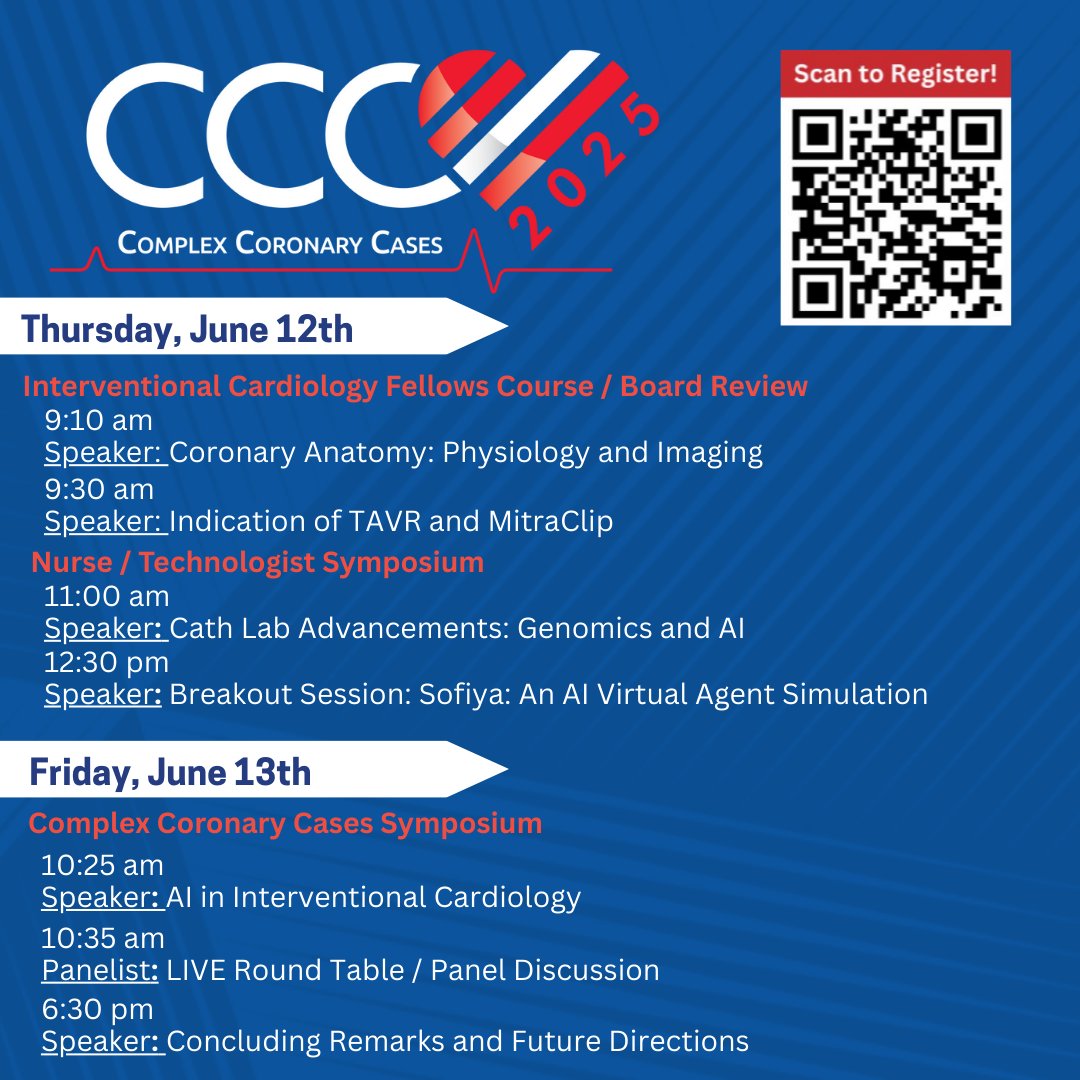 DoctorKini (@doctorkini) on Twitter photo Register now for the CCC Symposium on June 12-13th in NYC! Featuring 11 live cases, broadcast from The Mount Sinai Hospital Cath Lab, focusing on calcified bifurcation lesions!
cccsymposium.org <a href="/CCCSymposium_NY/">CCC Symposium</a>
#coronary #interventionalcardiology #cardiox #cardiotwitter Register now for the CCC Symposium on June 12-13th in NYC! Featuring 11 live cases, broadcast from The Mount Sinai Hospital Cath Lab, focusing on calcified bifurcation lesions!
cccsymposium.org <a href="/CCCSymposium_NY/">CCC Symposium</a>
#coronary #interventionalcardiology #cardiox #cardiotwitter