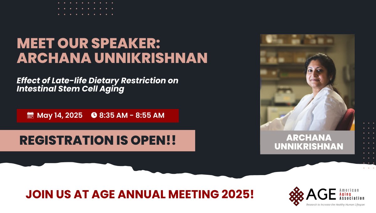 How can late-life diet changes restore gut health?
Archana Unnikrishnan explores stem cell aging &amp; dietary restriction at #AGEAnnualMeeting2025!
bit.ly/4cJx8Gd
🗓️ May 14 | 🕗 8:35 AM | 📍 Tikahtnu Ballroom
#StemCellAging #DietaryRestriction #Geroscience #AGE2025