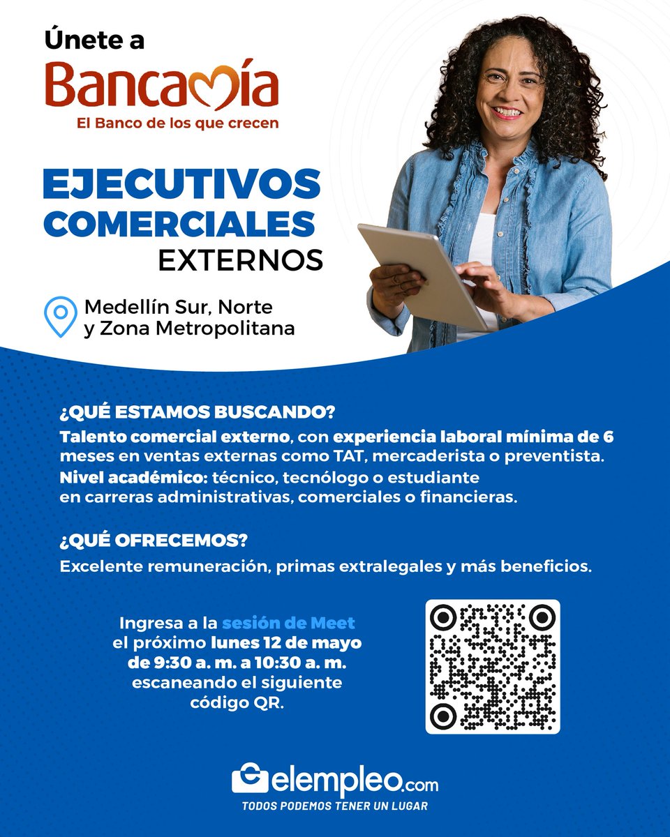 📢 ¡Bancamía busca ejecutivos comerciales en Medellín!
✅ Primero postúlate 👉 bit.ly/3Uu8B9B
📲 Luego, asiste a la charla virtual escaneando el QR.
🗓️ Lunes 12 de mayo – 9:30 a. m.
#Empleo #Bancamía #Microcrédito #OportunidadLaboral