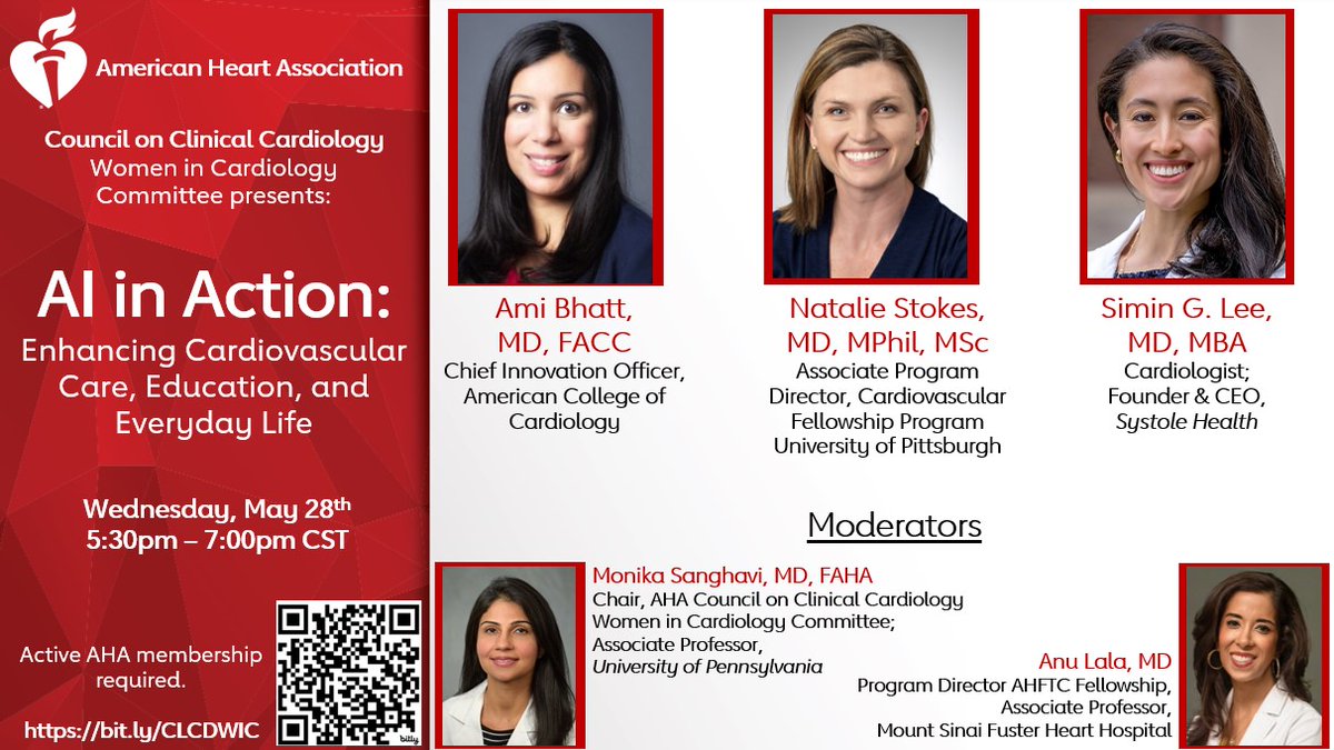 Monika Sanghavi MD, FACC (@monsangh) on Twitter photo Excited to announce our next #AHAWIC webinar discussing the use of generative AI in Cardiology.
♦️Cardiovascular Care
♦️Education
♦️Everyday life
Join us Wed, May 28th from 6:30-8:00pm EST
#AHAWIC <a href="/dranulala/">Anu Lala-Trindade</a> <a href="/PamTaubMD/">Pam R. Taub, MD❤️💃🏻</a> <a href="/AmiBhattMD/">Ami Bhatt, MD</a> <a href="/sgleeMD/">Simin Gharib Lee, MD, MBA</a> <a href="/natstokes/">Natalie Stokes</a> <a href="/JonPHeart/">Jon Pagtakhan</a> <a href="/RBP0612/">Renée Bullock-Palmer MD FACC FAHA FASNC FASE FSCCT</a> Excited to announce our next #AHAWIC webinar discussing the use of generative AI in Cardiology.
♦️Cardiovascular Care
♦️Education
♦️Everyday life
Join us Wed, May 28th from 6:30-8:00pm EST
#AHAWIC <a href="/dranulala/">Anu Lala-Trindade</a> <a href="/PamTaubMD/">Pam R. Taub, MD❤️💃🏻</a> <a href="/AmiBhattMD/">Ami Bhatt, MD</a> <a href="/sgleeMD/">Simin Gharib Lee, MD, MBA</a> <a href="/natstokes/">Natalie Stokes</a> <a href="/JonPHeart/">Jon Pagtakhan</a> <a href="/RBP0612/">Renée Bullock-Palmer MD FACC FAHA FASNC FASE FSCCT</a>