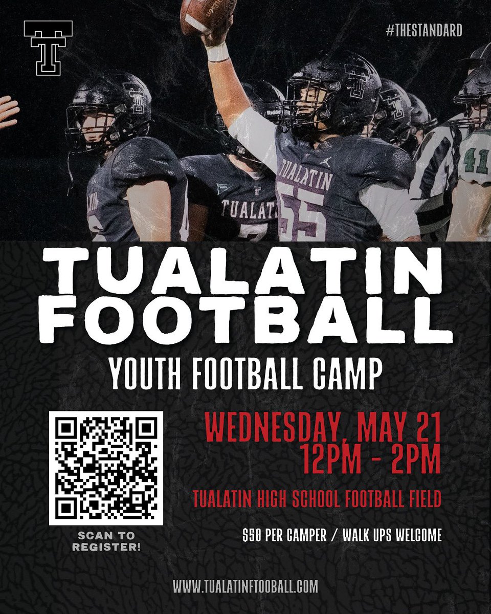 TIMBERWOLF YOUTH CAMP

🗓️ Weds, May 21
⌚️ 12pm - 2pm
📍 Tualatin High School Main Field
🏈 All <a href="/TualatinYouthFB/">Tualatin Youth Football</a> players

Join <a href="/coachferraro77/">Dom Ferraro</a>, staff &amp; players for an afternoon of football. Learn technique, philosophy, and #TheStandard! 

Scan the QR code or sign up on our website
