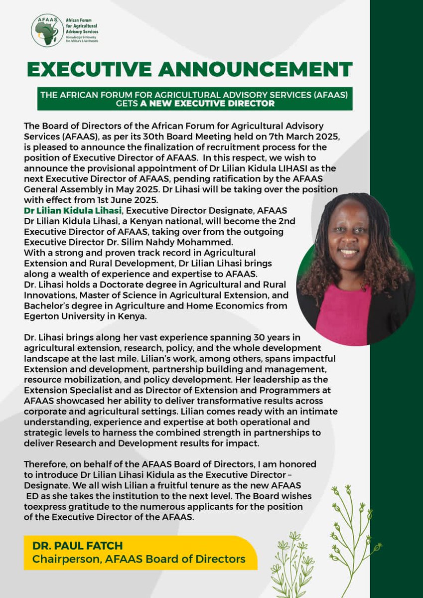 African Forum For Agricultural Advisory Services. (@afaasinfo) on Twitter photo The Board of Directors <a href="/afaasinfo/">African Forum For Agricultural Advisory Services.</a> (AFAAS), at its 30th Board Meeting (7th March 2025), is pleased to announce the finalization of recruitment process for the position of Executive Director.we announce the appointment of Dr Lilian Kidula LIHASI as new ED,<a href="/PaulFatch/">Paul Fatch</a> <a href="/MaFAASMw/">MaFAAS</a> The Board of Directors <a href="/afaasinfo/">African Forum For Agricultural Advisory Services.</a> (AFAAS), at its 30th Board Meeting (7th March 2025), is pleased to announce the finalization of recruitment process for the position of Executive Director.we announce the appointment of Dr Lilian Kidula LIHASI as new ED,<a href="/PaulFatch/">Paul Fatch</a> <a href="/MaFAASMw/">MaFAAS</a>