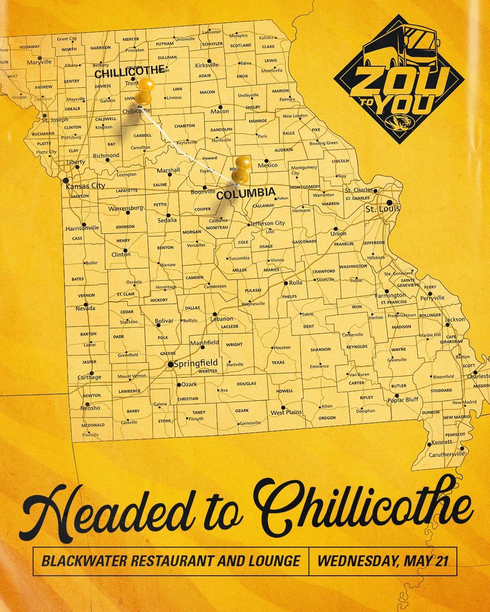 Northern Missouri, it's your turn! &amp; ZOU to YOU lands in Chillicothe at the Blackwater Restaurant and Lounge on May 22nd at 4 PM. Go hang with the Tigers and feel the Mizzou spirit! ⚫️🟡
#ZOUtoYOU #Mizzou
#Chillicothe