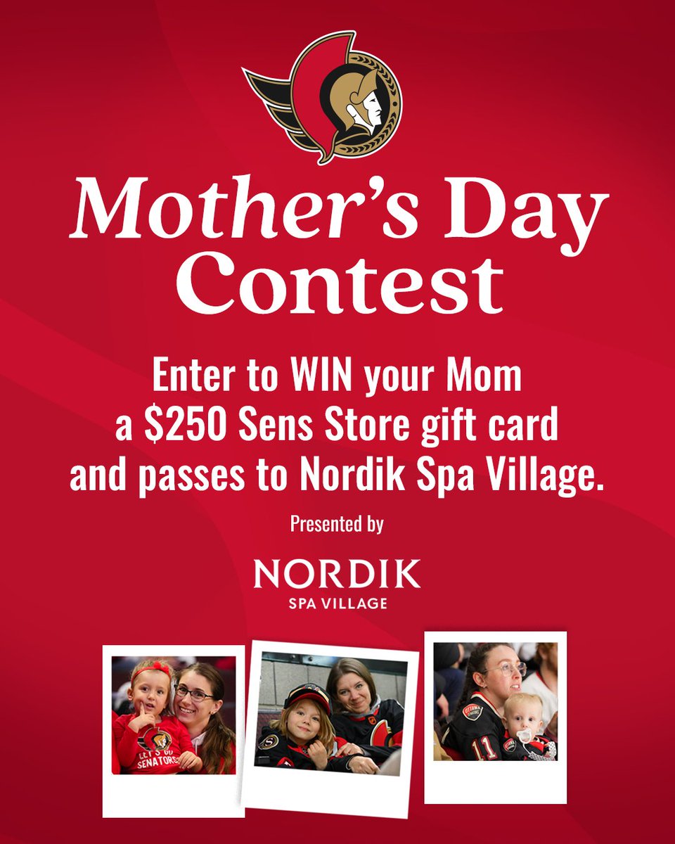 X - Ottawa Senators (@senators) on Twitter photo Mom deserves some time off 💐
Enter our Mother’s Day giveaway for a chance to win a $250 #Sens Store gift card and Spa Village access for two to <a href="/NordikSpaNature/">Nordik Spa-Nature</a>!
Enter here: ottsens.com/3Z0YFxt Mom deserves some time off 💐
Enter our Mother’s Day giveaway for a chance to win a $250 #Sens Store gift card and Spa Village access for two to <a href="/NordikSpaNature/">Nordik Spa-Nature</a>!
Enter here: ottsens.com/3Z0YFxt