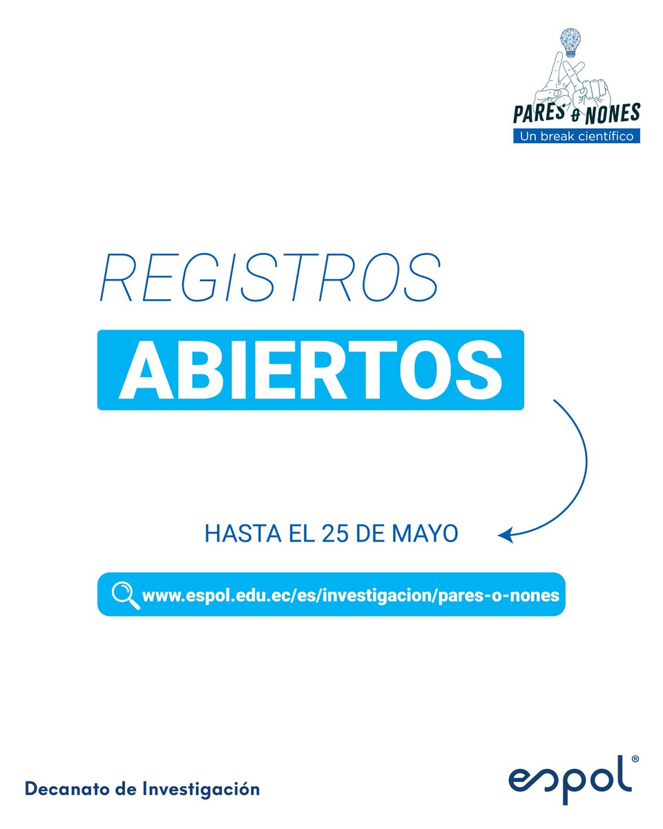Pares o Nones es un espacio para compartir con la comunidad politécnica los avances en investigación. 

Convocamos a investigadores, profesores, y estudiantes que hayan participado en proyectos en los últimos 4 años a ser parte de este #BreakCientífico.
👉🏻espol.edu.ec/es/investigaci…