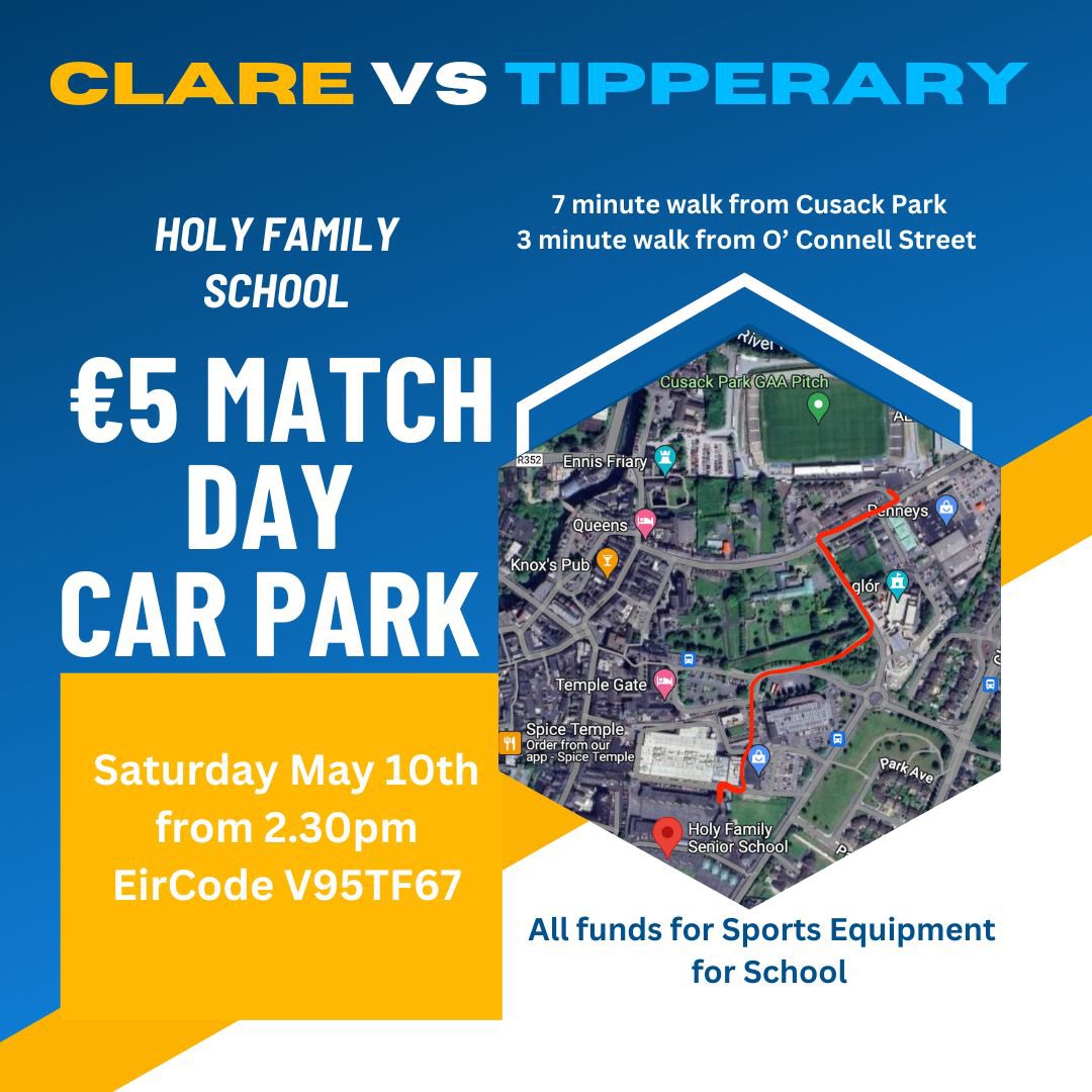 Holy Family Junior and Senior Schools Ennis (@holyfamilyennis) on Twitter photo Match day’s nearly here!
Park at Holy Family School (€5) — under 10 mins to Cusack Park.
Opens 2:30pm | Eircode: V95TF67
Support local school!
Tag a mate heading to the game!
<a href="/MunsterGAA/">Munster GAA / Comhairle na Mumhan</a> <a href="/GaaClare/">Clare Gaa</a> <a href="/TipperaryGAA/">Tipperary GAA</a> <a href="/MunGAABunscol/">Munster Cumann na mBunscol</a> Match day’s nearly here!
Park at Holy Family School (€5) — under 10 mins to Cusack Park.
Opens 2:30pm | Eircode: V95TF67
Support local school!
Tag a mate heading to the game!
<a href="/MunsterGAA/">Munster GAA / Comhairle na Mumhan</a> <a href="/GaaClare/">Clare Gaa</a> <a href="/TipperaryGAA/">Tipperary GAA</a> <a href="/MunGAABunscol/">Munster Cumann na mBunscol</a>