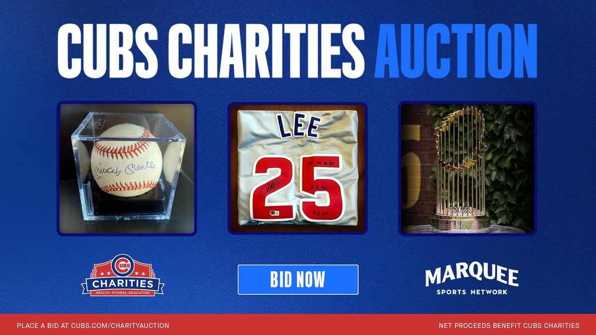 Cubs Authentics (@cubsauthentics) on Twitter photo The <a href="/CubsCharities/">Cubs Charities</a> Auction is now live on cubs.com/auctions!
Auction listings include:
🔵<a href="/Cubs/">Chicago Cubs</a> Meet and Greets
🔴<a href="/ofcwrigleyfield/">Wrigley Field</a> Experiences
🔵Signed Memorabilia and more! The <a href="/CubsCharities/">Cubs Charities</a> Auction is now live on cubs.com/auctions!
Auction listings include:
🔵<a href="/Cubs/">Chicago Cubs</a> Meet and Greets
🔴<a href="/ofcwrigleyfield/">Wrigley Field</a> Experiences
🔵Signed Memorabilia and more!